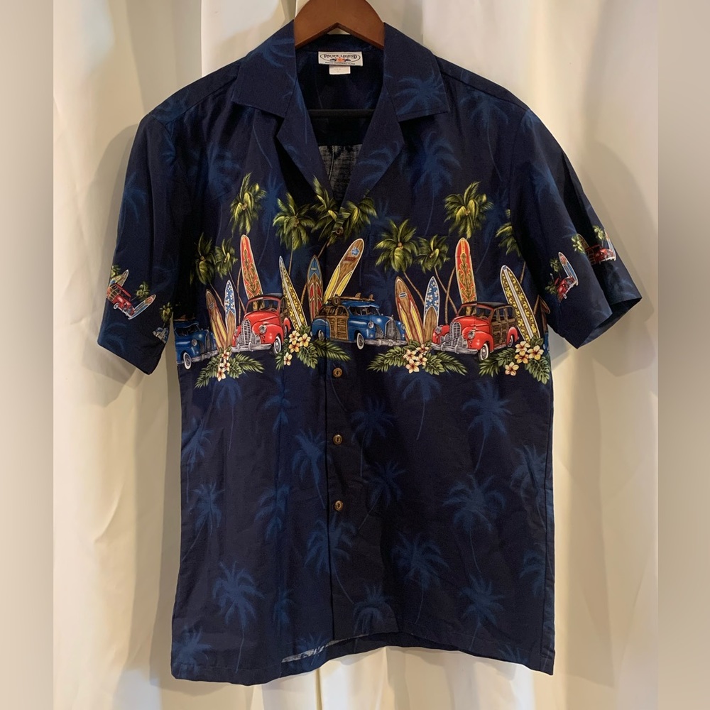 Pacific Legend Blue Cotton Hawaiian Shirt Woody Cars Surf Boards Palm SZ M